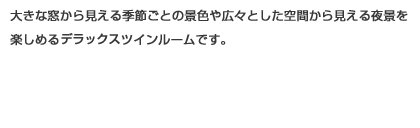 大きな窓から見える季節ごとの形式広々とした空間から見える夜景を楽しめえるデラックスツインルームです。