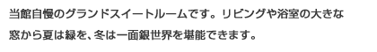当館自慢のグランドスイートルームです。リビングや浴室の大きな窓から夏は緑を、冬は一面銀世界を堪能できます。